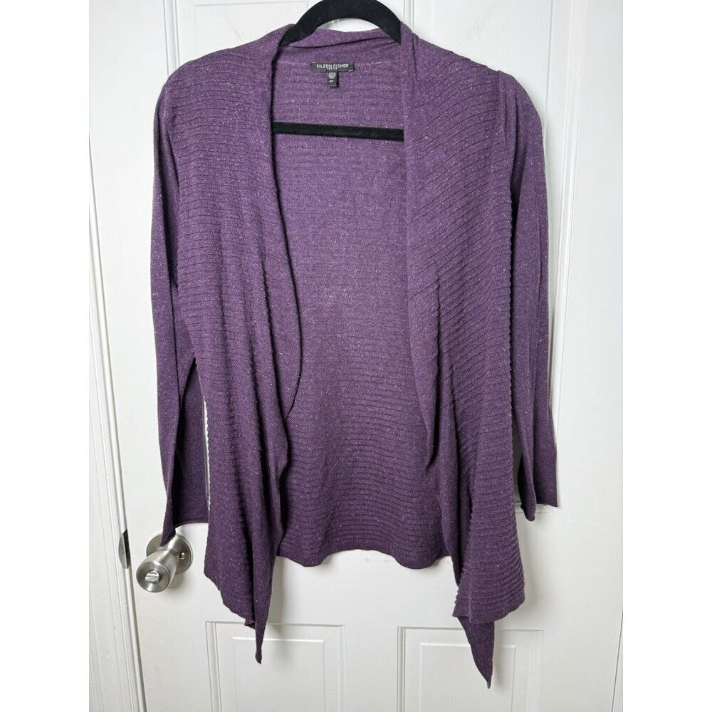 Elieen Fisher Cotton Blend Ribbed Open Front Purple Cardigan Sweater Size PP